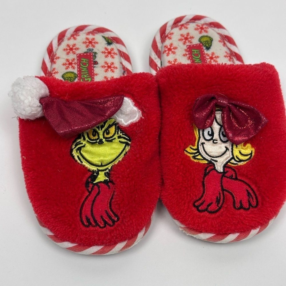 Kids Unisex Grinch Holiday Slide Slippers w/ 3D Hat & Bow